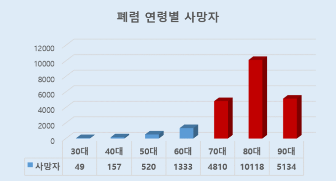 자료: 2019년 12월 말 폐렴 사망자 (30대 미만 계층은 동일 연령 비교를 위해 제외)