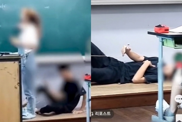 충남의 한 학생의 여교사 뒤에 앉아 촬영하는 모습... 교사도 이러한 비행 학생에 대해 학생인권조례 때문에 체념하고 가르치는 오늘날 학교 현장의 현실